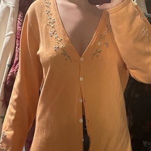 Eddie Bauer Embroidered Orange Floral Button Long-Sleeved Cardigan